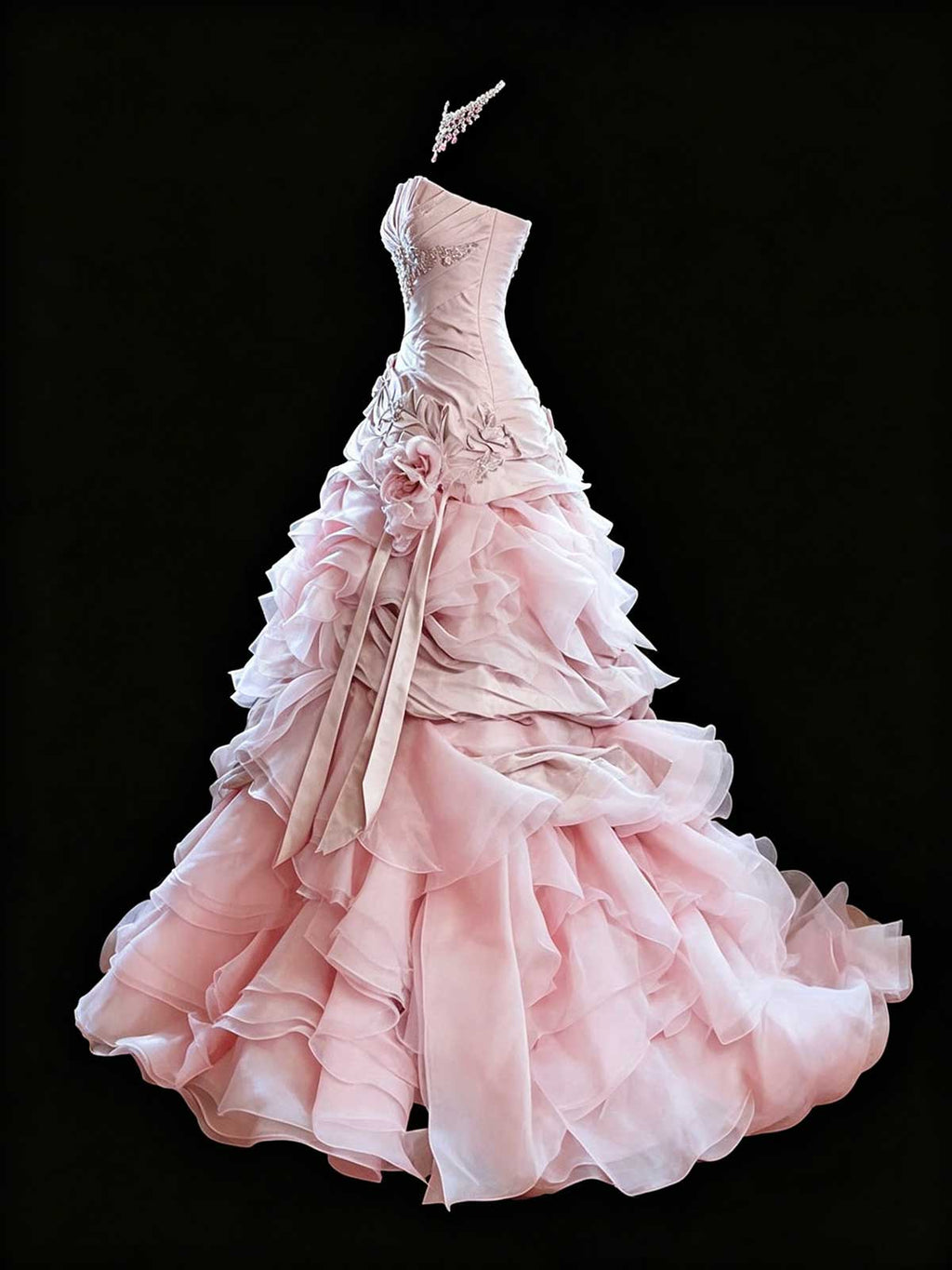 Blush Pink Strapless Satin Ball Gown with Ruffled Tulle Skirt & Floral Appliqués