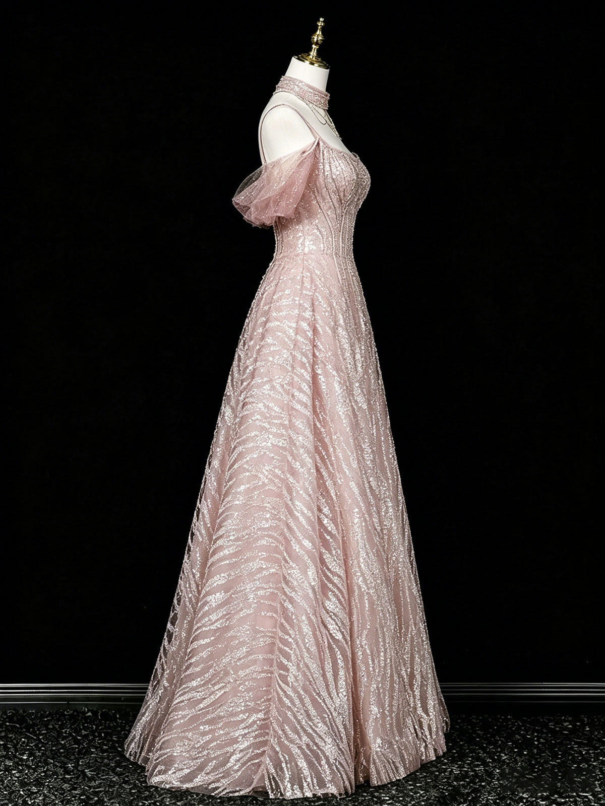 Halter Pink Glitter Textured Tulle Off Shoulder A-Line Gown