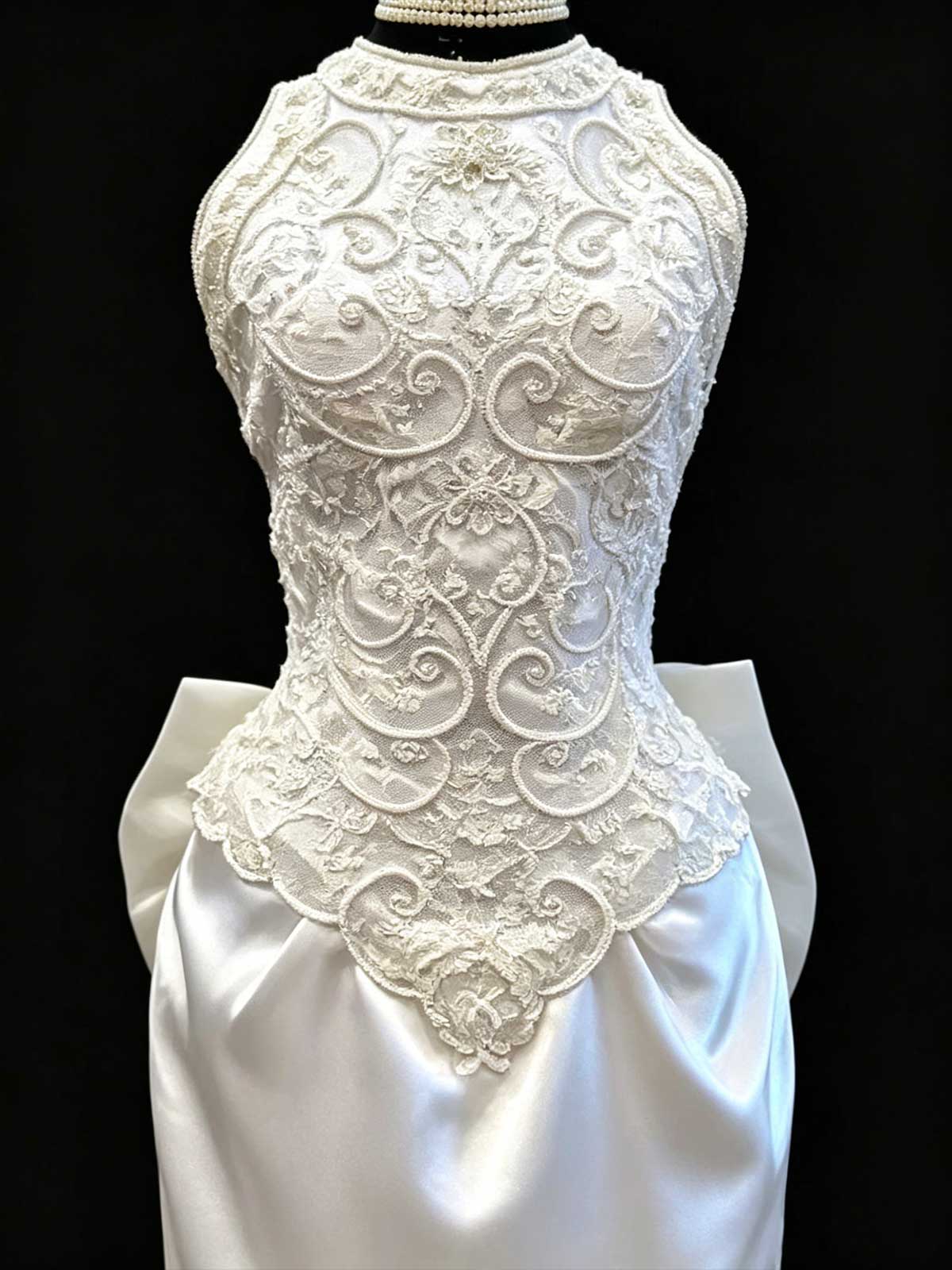 White High-Neck Lace Satin Mermaid Wedding Dress