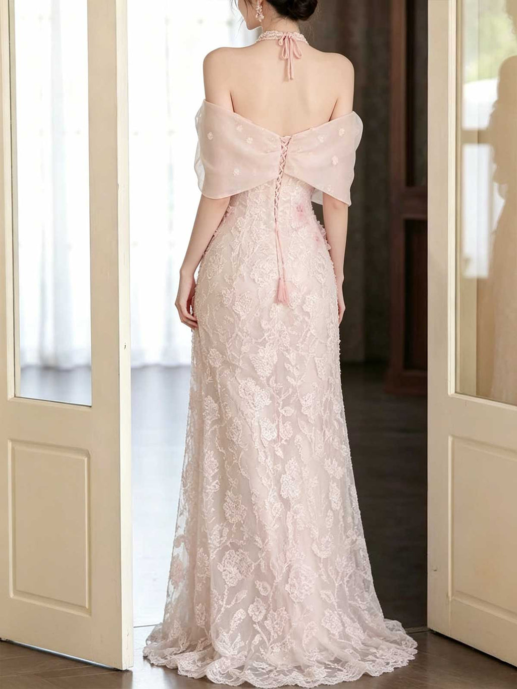 Blush Pink Off-the-Shoulder Lace Mermaid Evening Gown with Choker