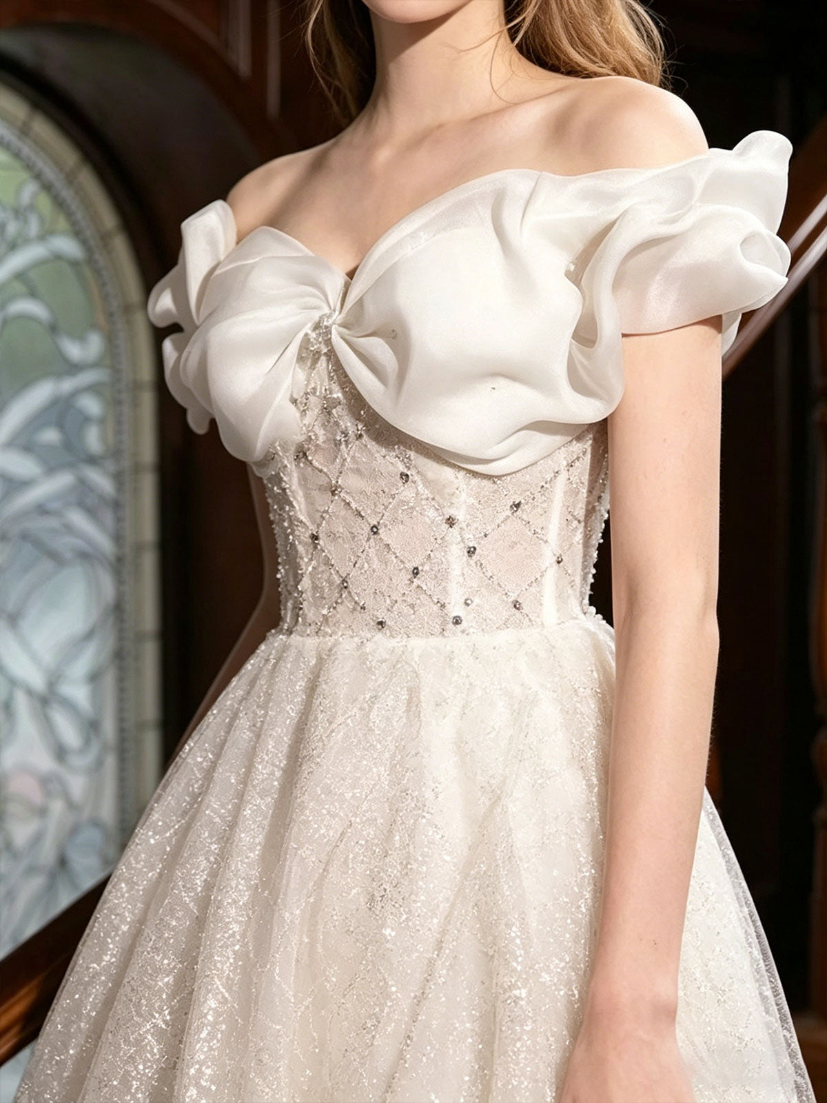 Off Shoulder Big Bow Beaded Glitter Tulle A-Line Wedding Gown