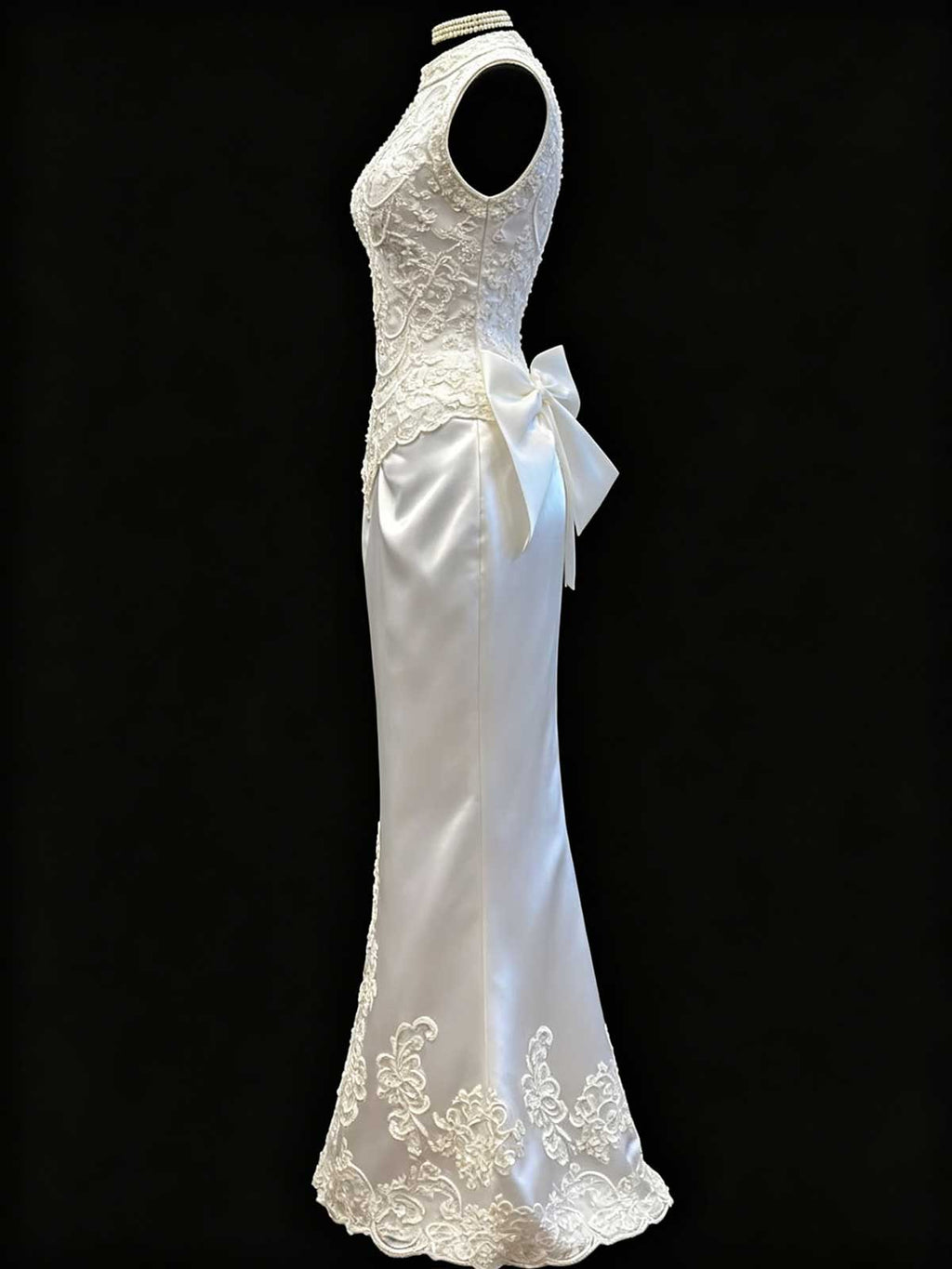White High-Neck Lace Satin Mermaid Wedding Dress