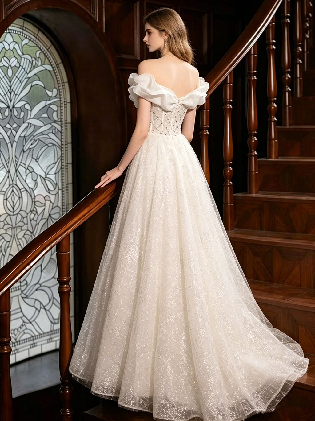Off Shoulder Big Bow Beaded Glitter Tulle A-Line Wedding Gown