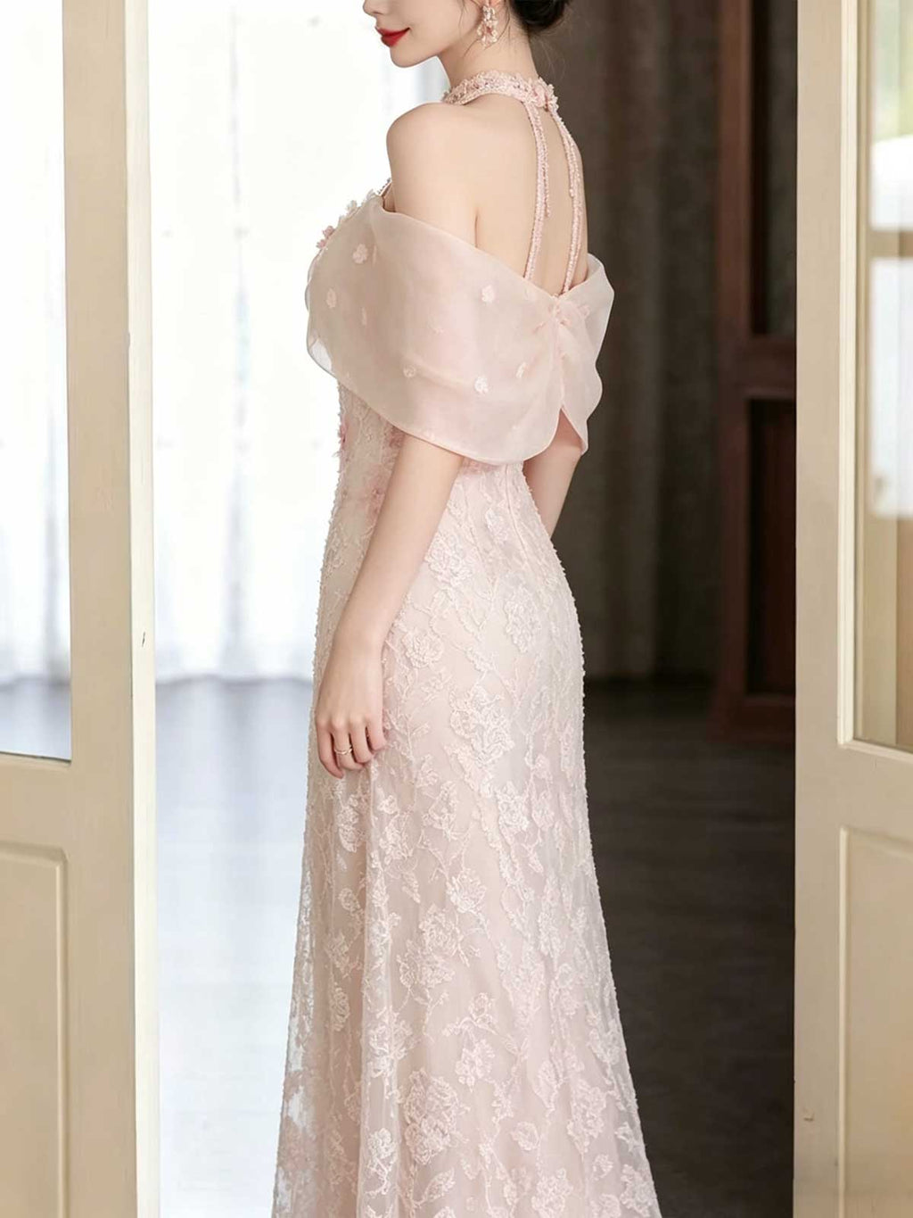 Blush Pink Off-the-Shoulder Lace Mermaid Evening Gown with Choker
