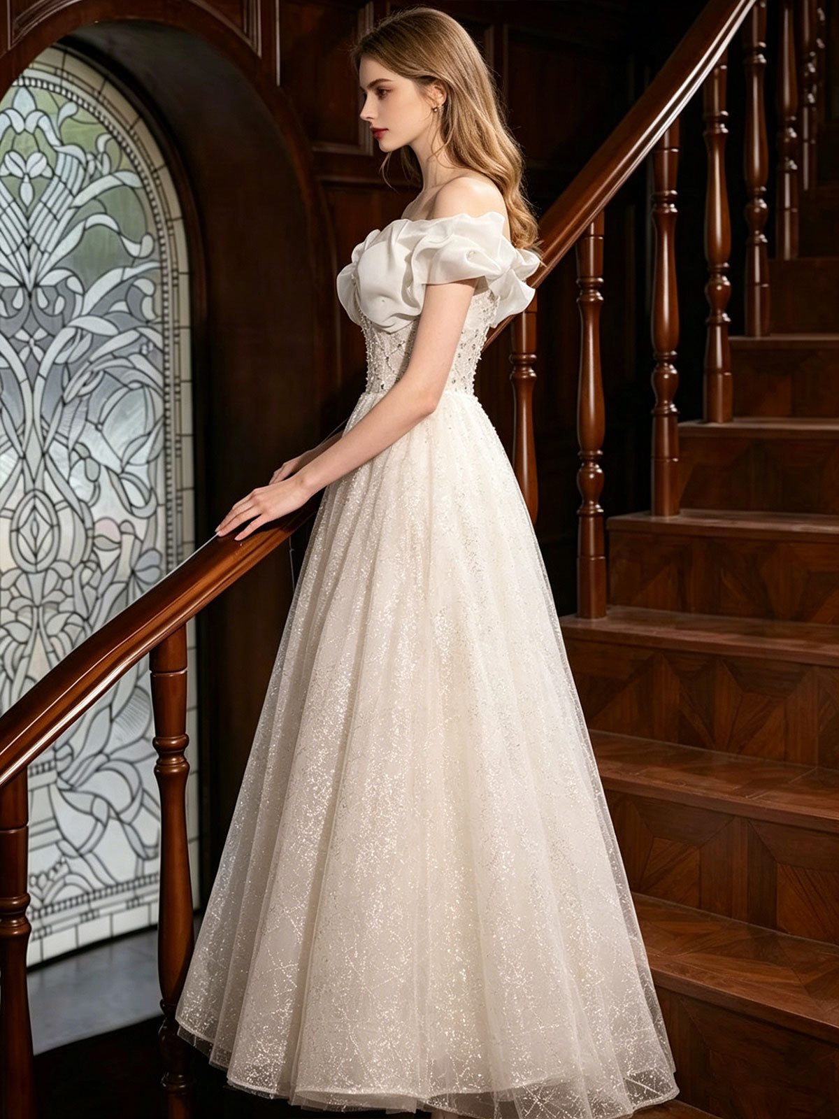 Off Shoulder Big Bow Beaded Glitter Tulle A-Line Wedding Gown