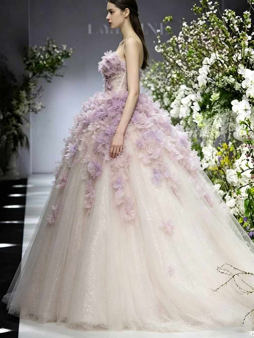 Lavender Strapless Tulle Ball Gown with 3D Floral Appliqués
