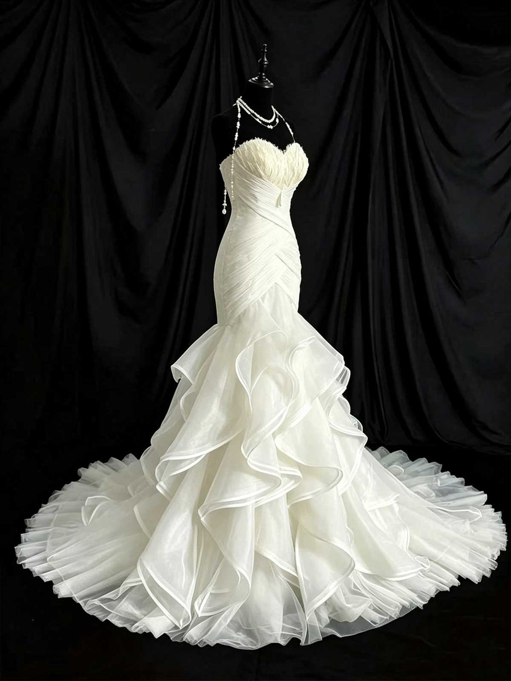 White Strapless Feather Top Mermaid Wedding Dress with Ruffled Tulle Skirt
