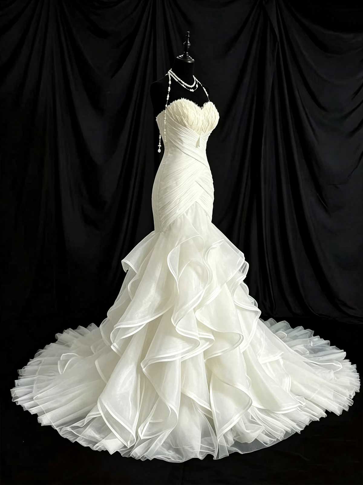 White Strapless Feather Top Mermaid Wedding Dress with Ruffled Tulle Skirt