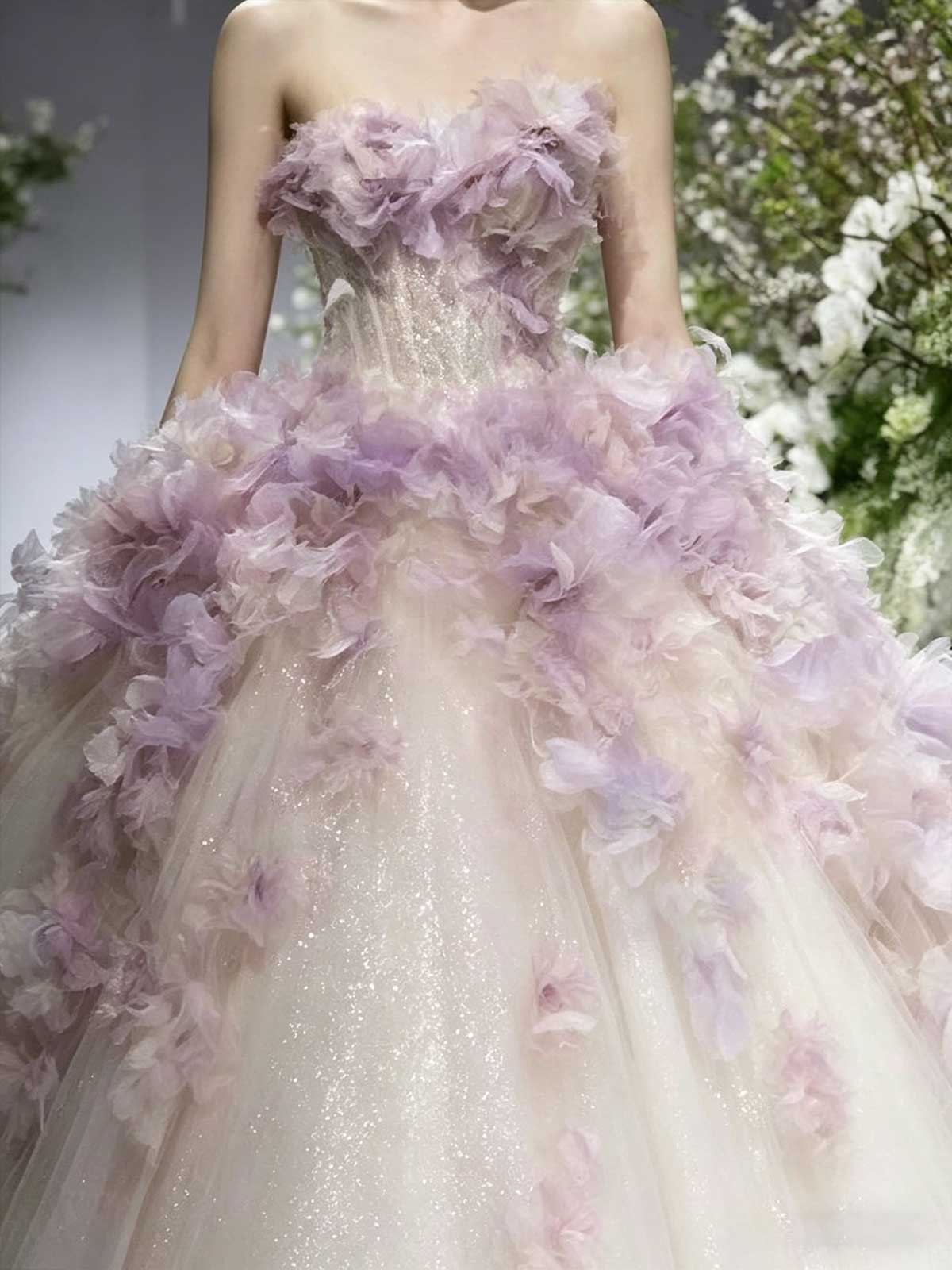 Lavender Strapless Tulle Ball Gown with 3D Floral Appliqués