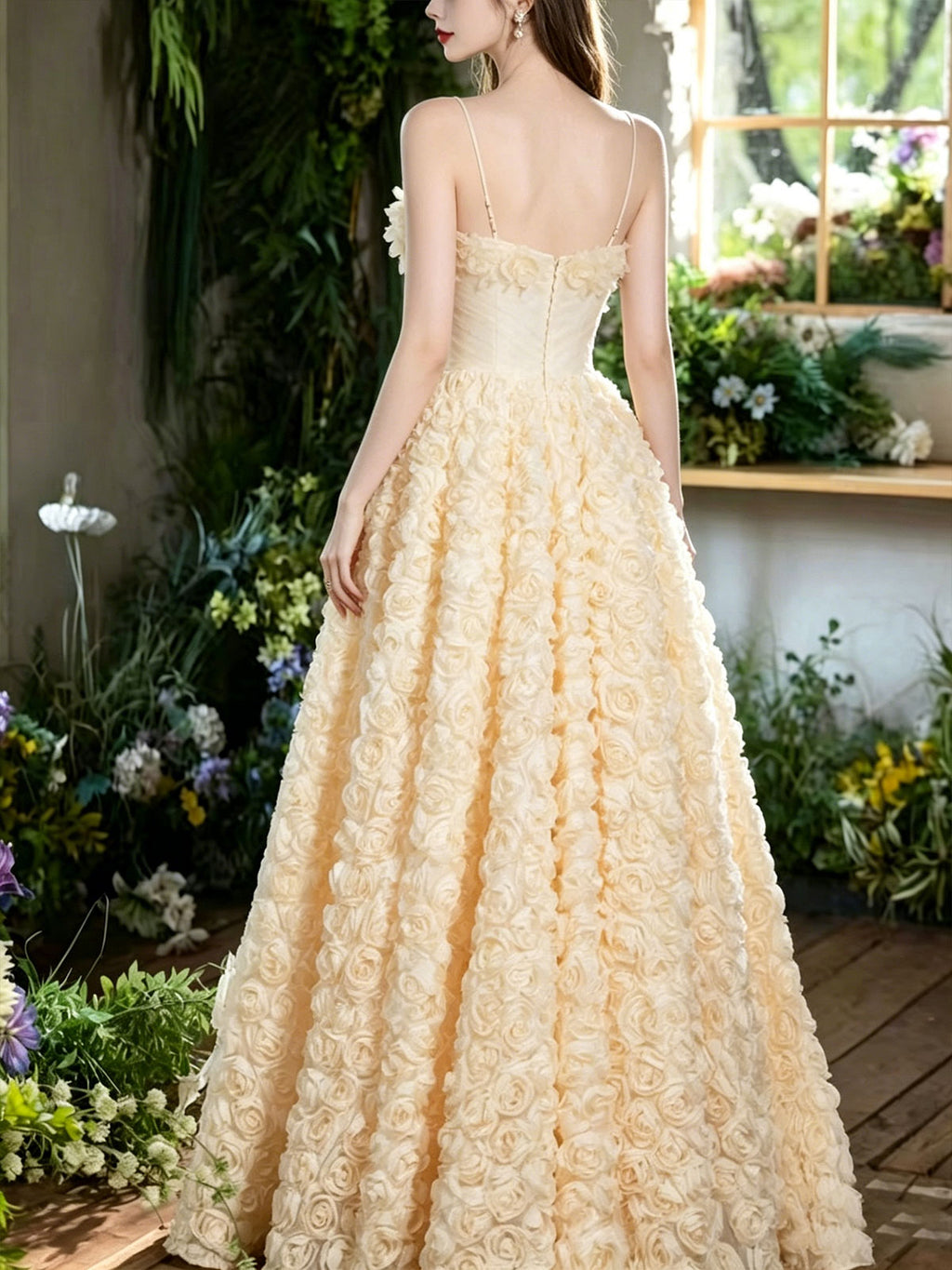 Spaghetti Strap Cream 3D Rose Tulle A-Line Evening Ball Gown