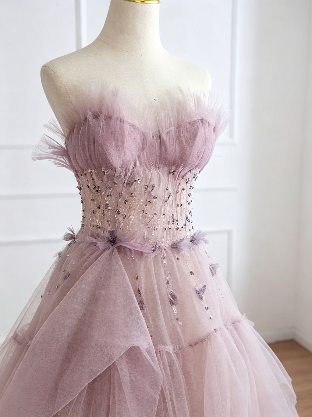Dusty Pink Strapless Tulle Ball Gown with Corset Beaded Bodice