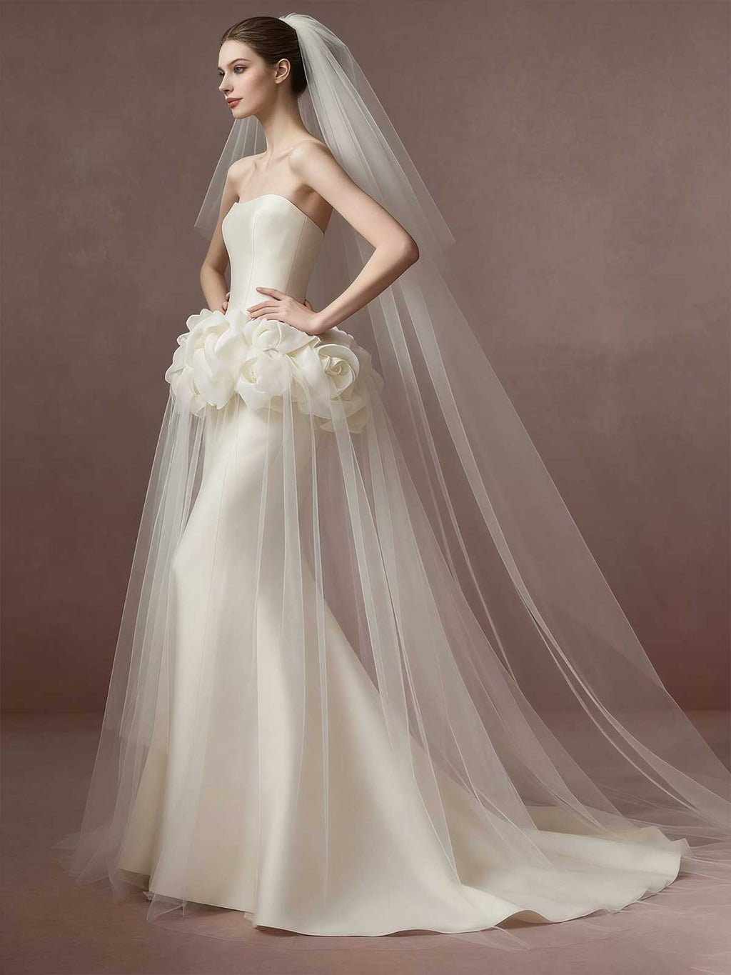 Ivory 3D Floral Strapless Mermaid Wedding Dress with Veil