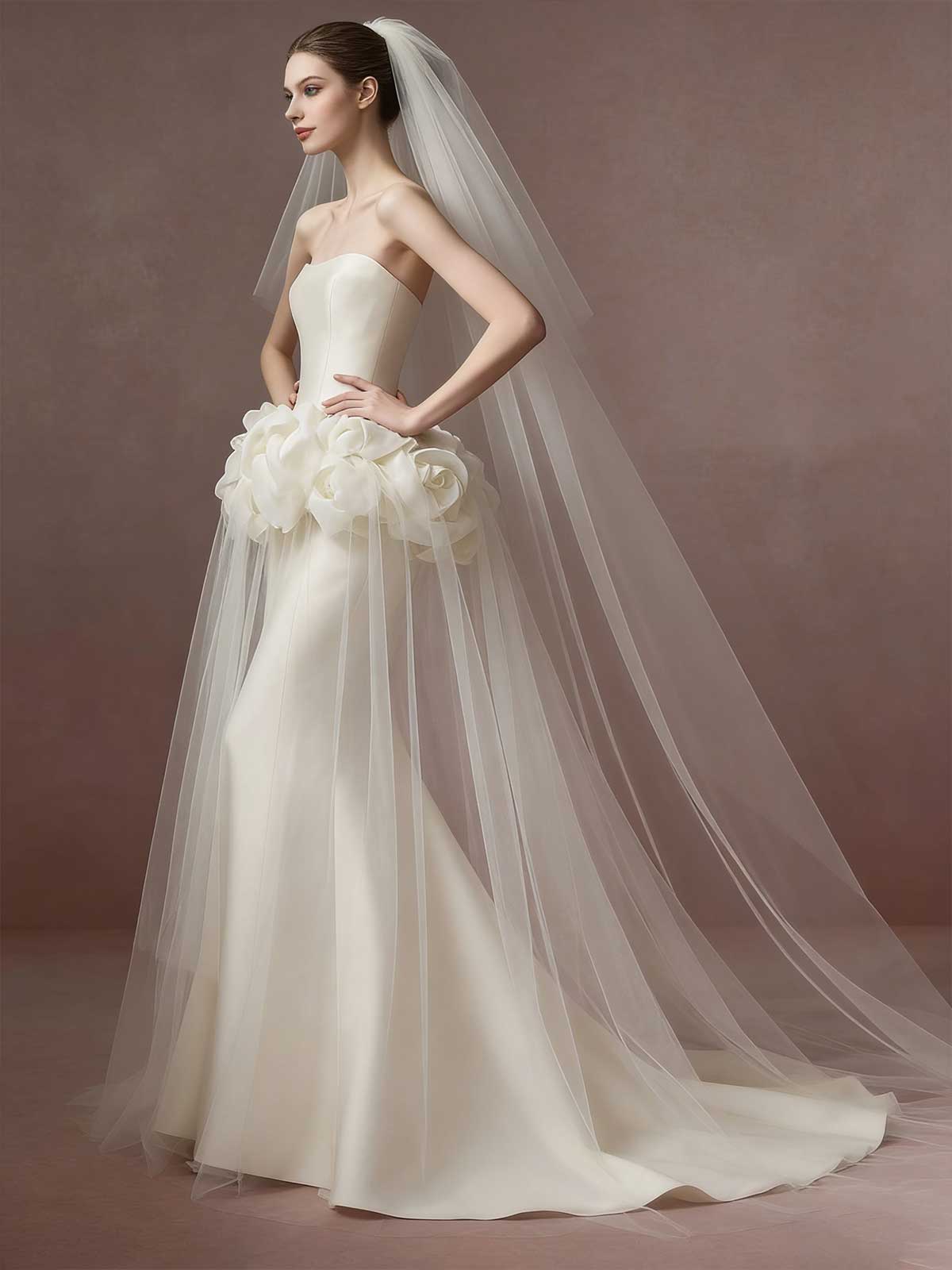 Ivory 3D Floral Strapless Mermaid Wedding Dress with Veil