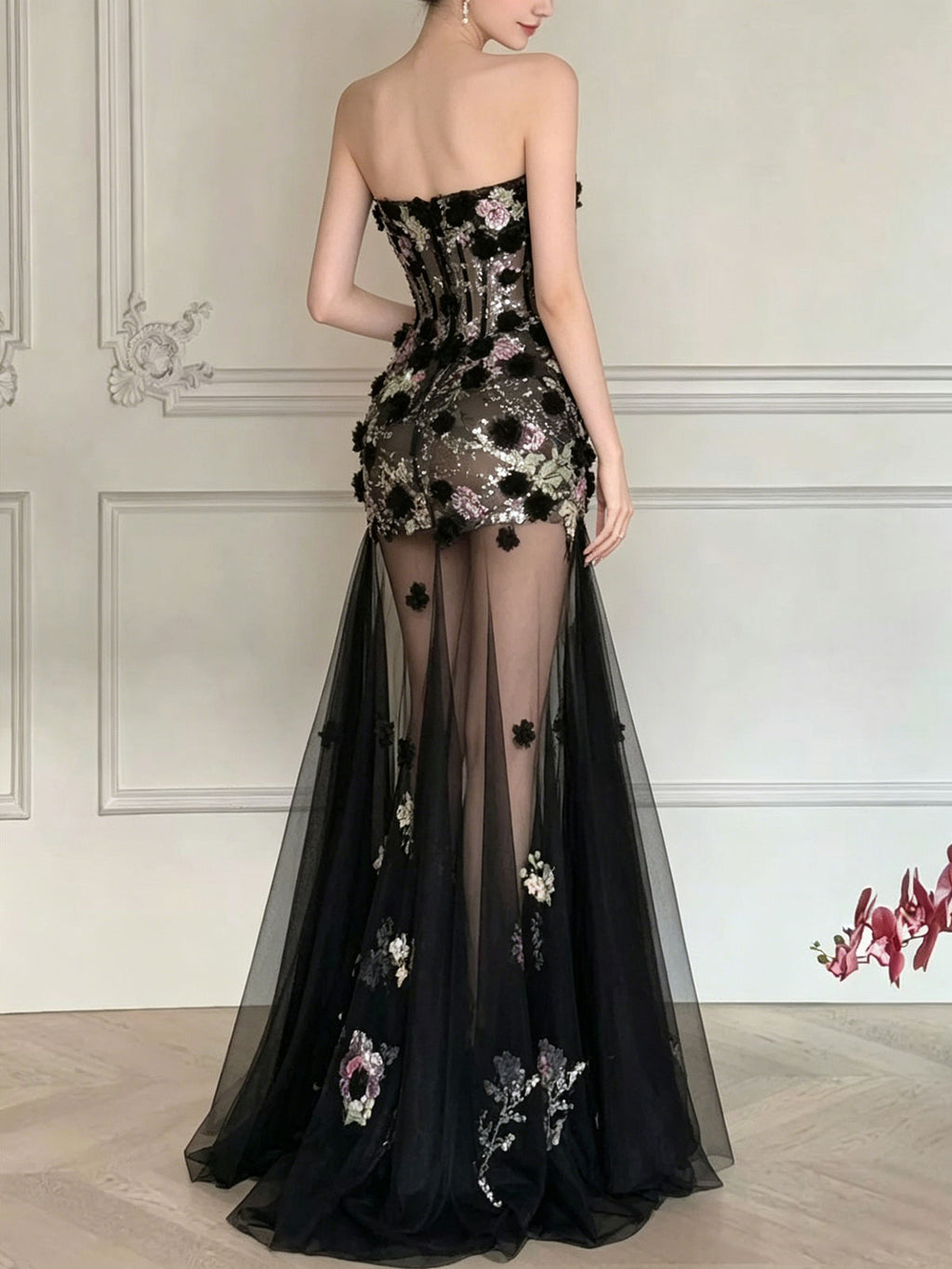 Black Strapless Corset 3D Floral Sheer Tulle Mermaid Evening Gown Sequin Formal Dress