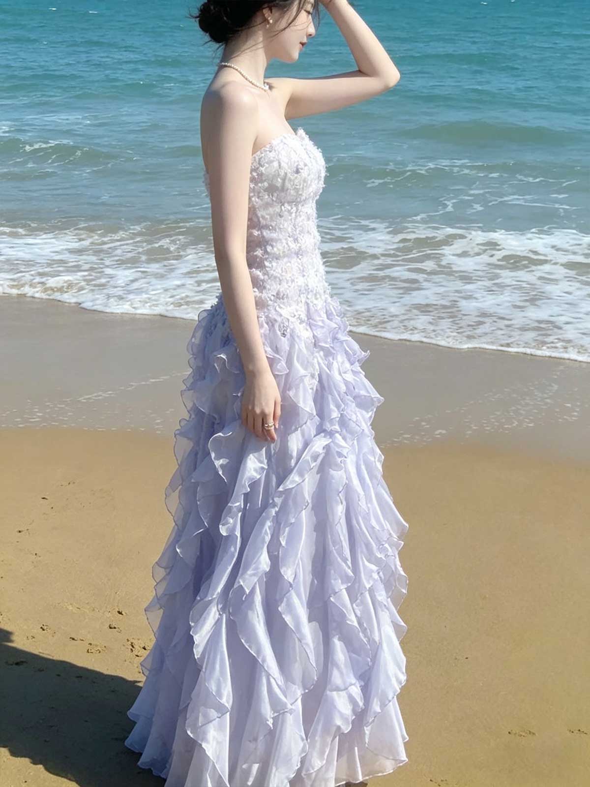 Lavender Lace Ruffle Tiered Strapless Mermaid Wedding Dress