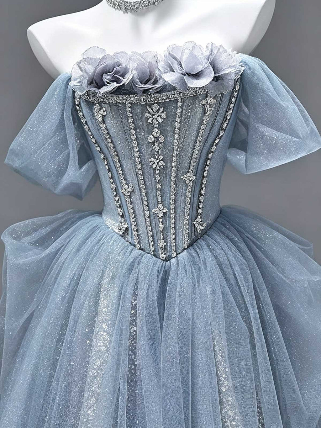 Dusty Blue Strapless Corset Tulle Ball Gown with Puff Sleeves