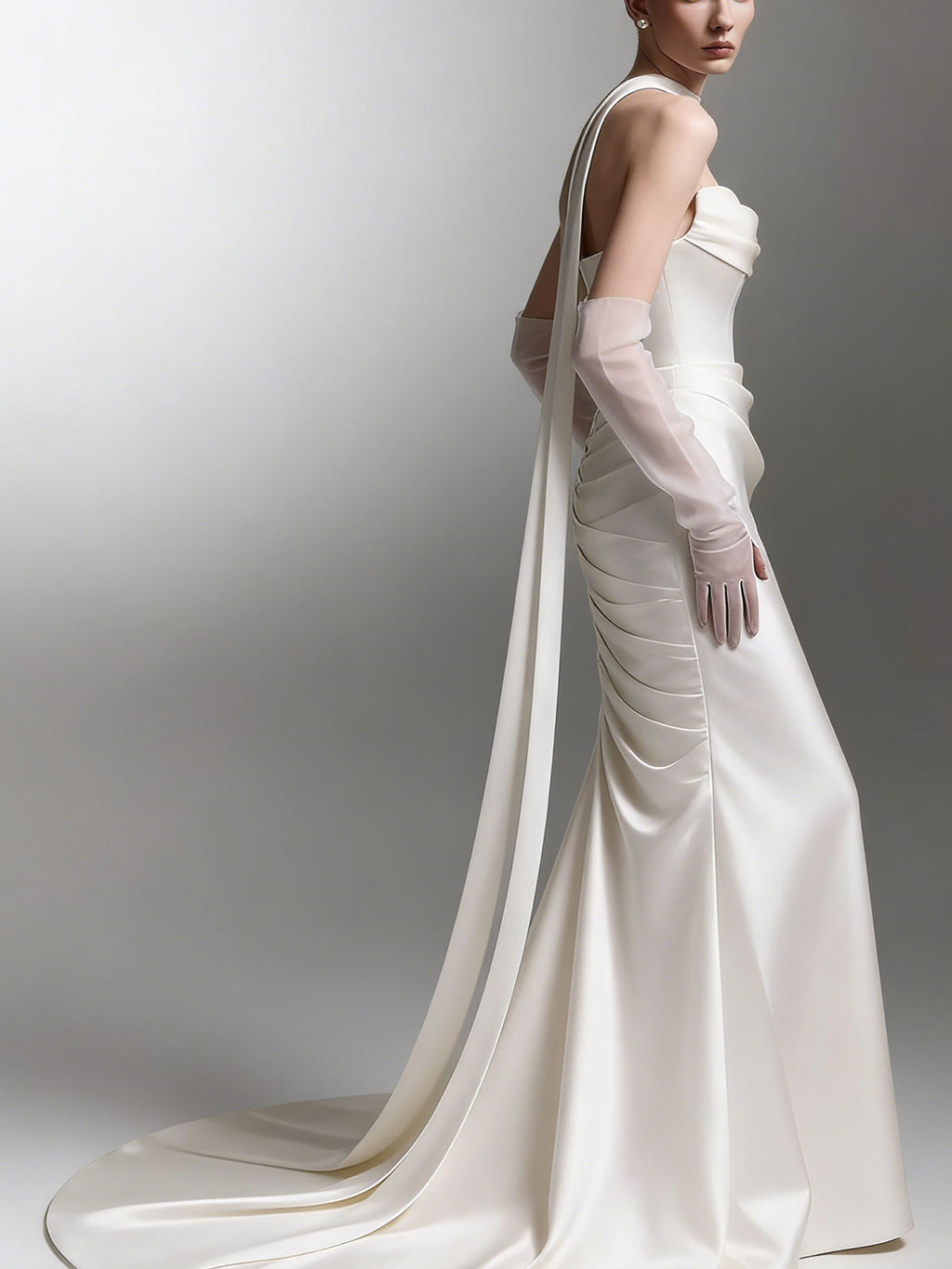 Elegant Satin Mermaid Gown with Halter Strap & Sheer Tulle Gloves