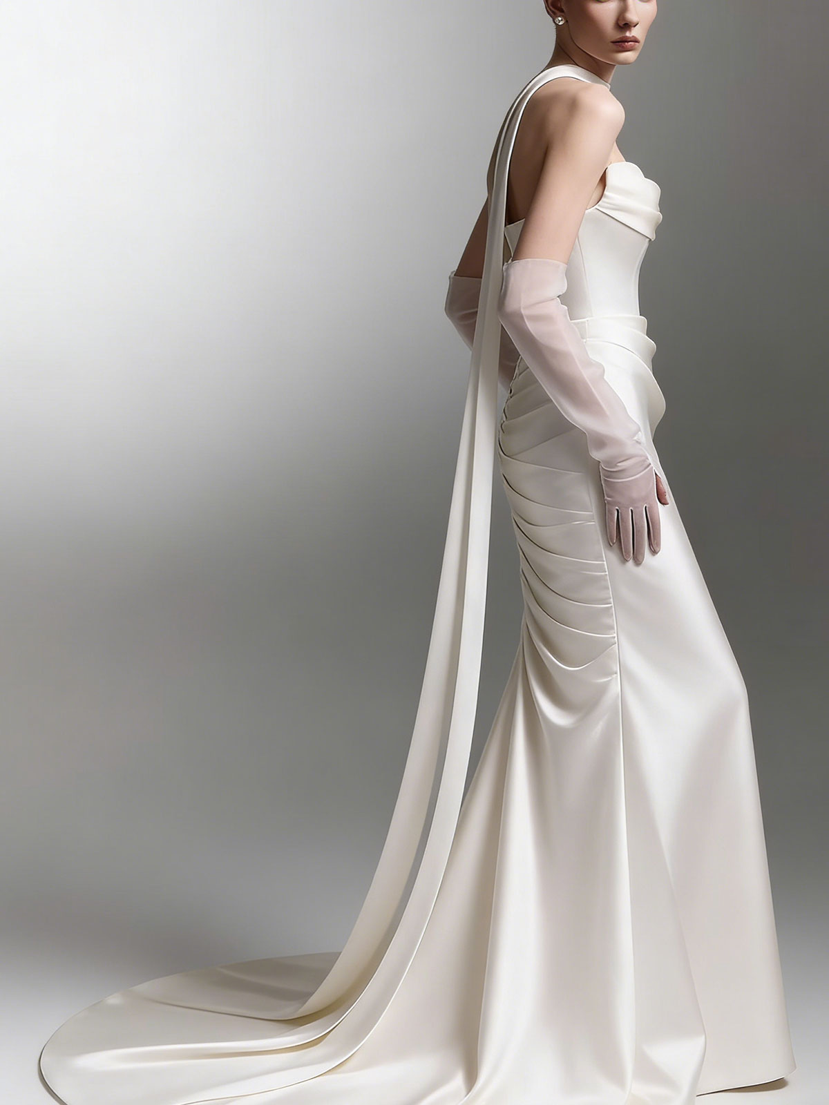 Elegant Satin Mermaid Gown with Halter Strap & Sheer Tulle Gloves