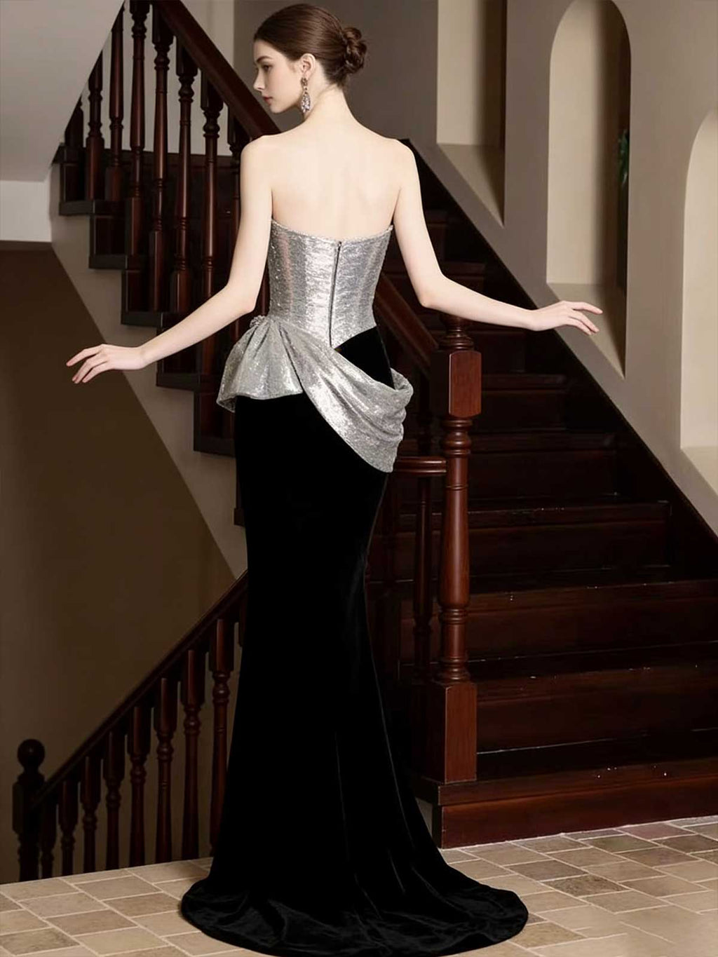 Silver Sequin Black Velvet Colorblock Strapless Mermaid Evening Gown