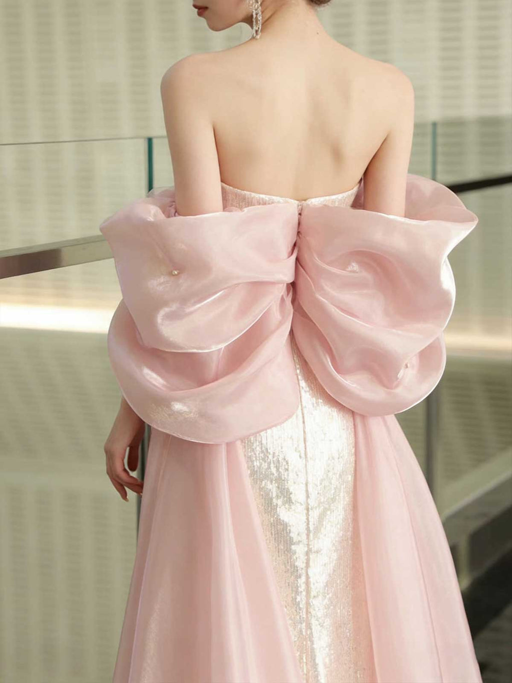 Romantic Blush Pink Off-Shoulder Mermaid Evening Gown with Train