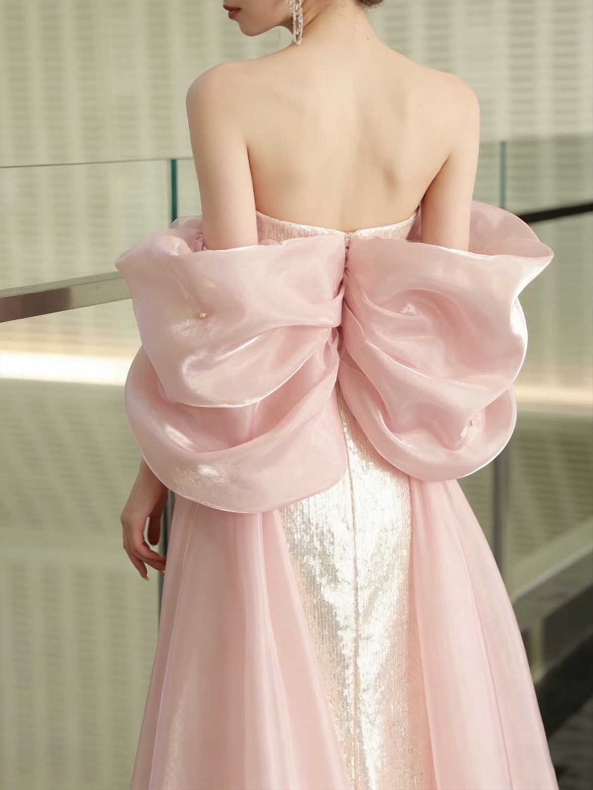 Romantic Blush Pink Off-Shoulder Mermaid Evening Gown with Train