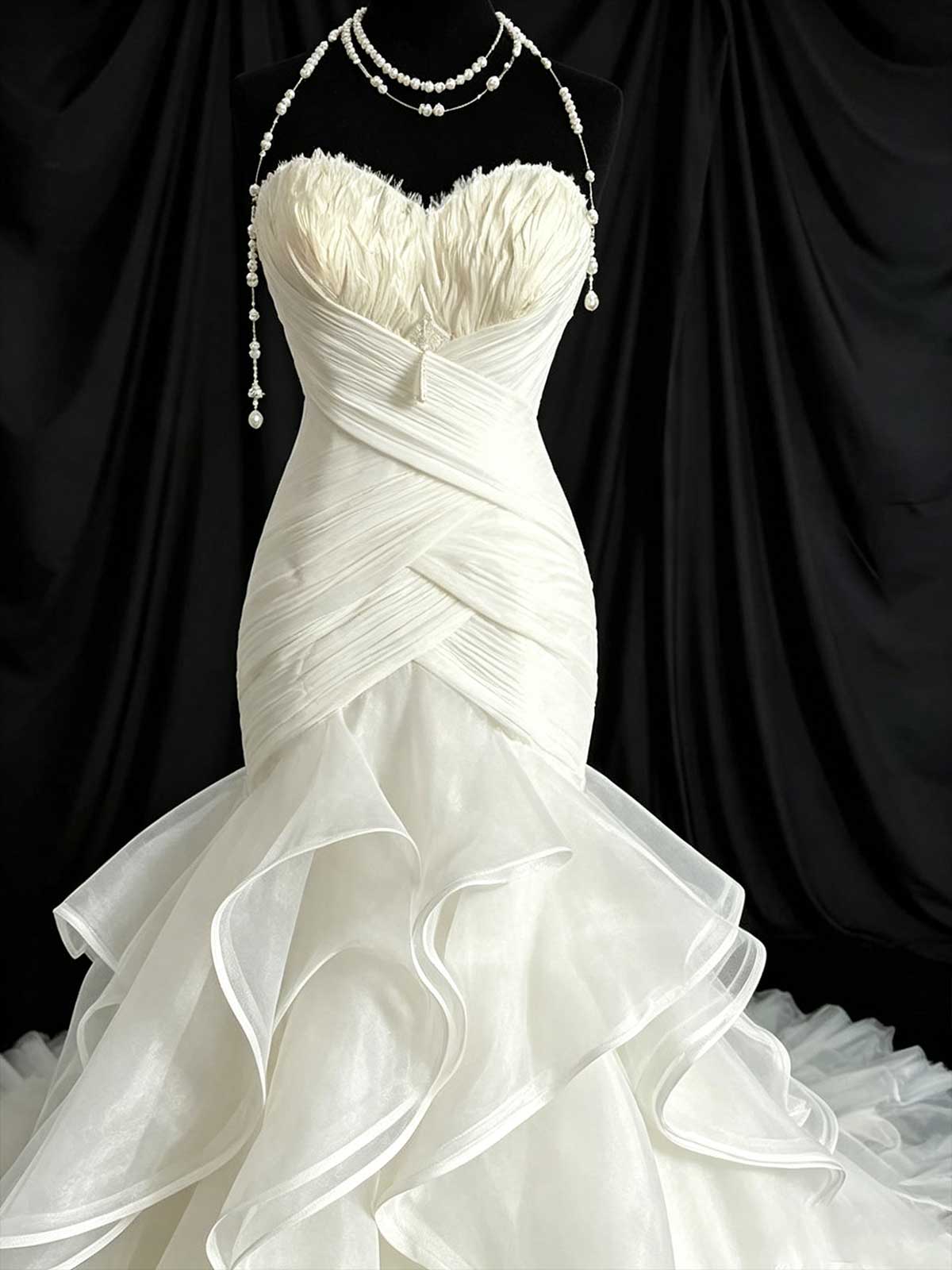 White Strapless Feather Top Mermaid Wedding Dress with Ruffled Tulle Skirt