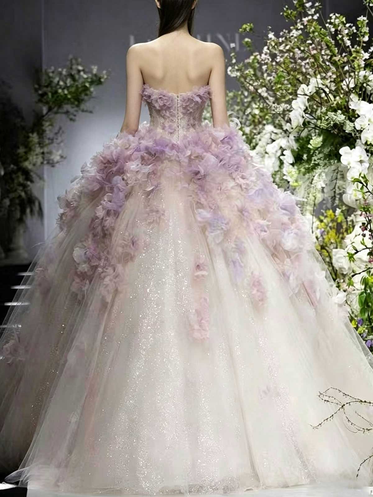 Lavender Strapless Tulle Ball Gown with 3D Floral Appliqués