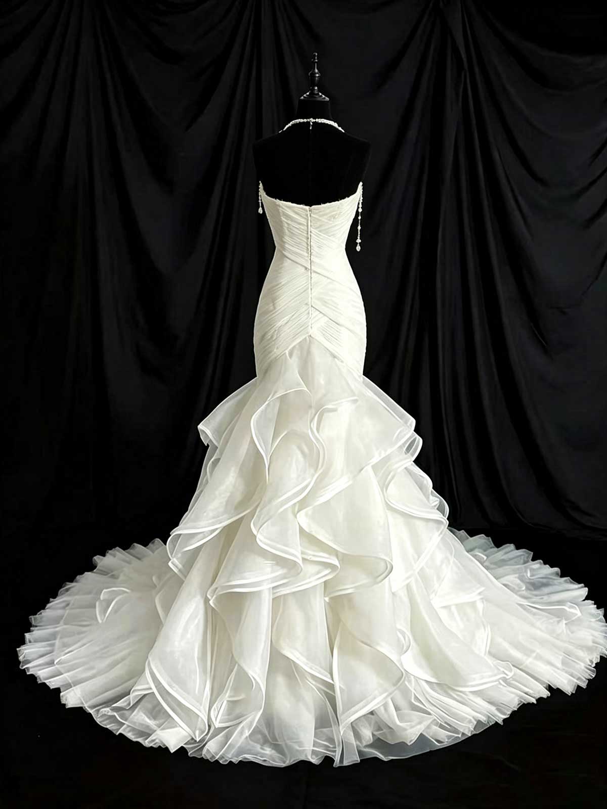 White Strapless Feather Top Mermaid Wedding Dress with Ruffled Tulle Skirt
