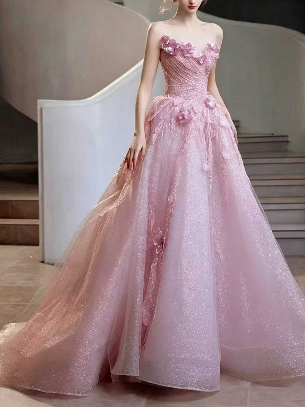 Pink Strapless Tulle Ball Gown with 3D Floral Appliqués and Sparkles