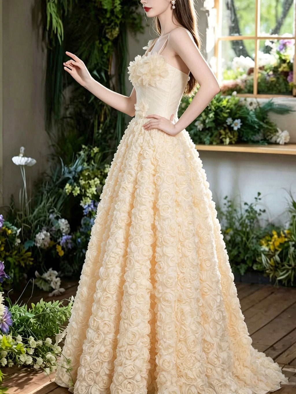 Spaghetti Strap Cream 3D Rose Tulle A-Line Evening Ball Gown