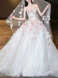 White Strapless Ball Gown Wedding Dress with 3D Floral Appliqués