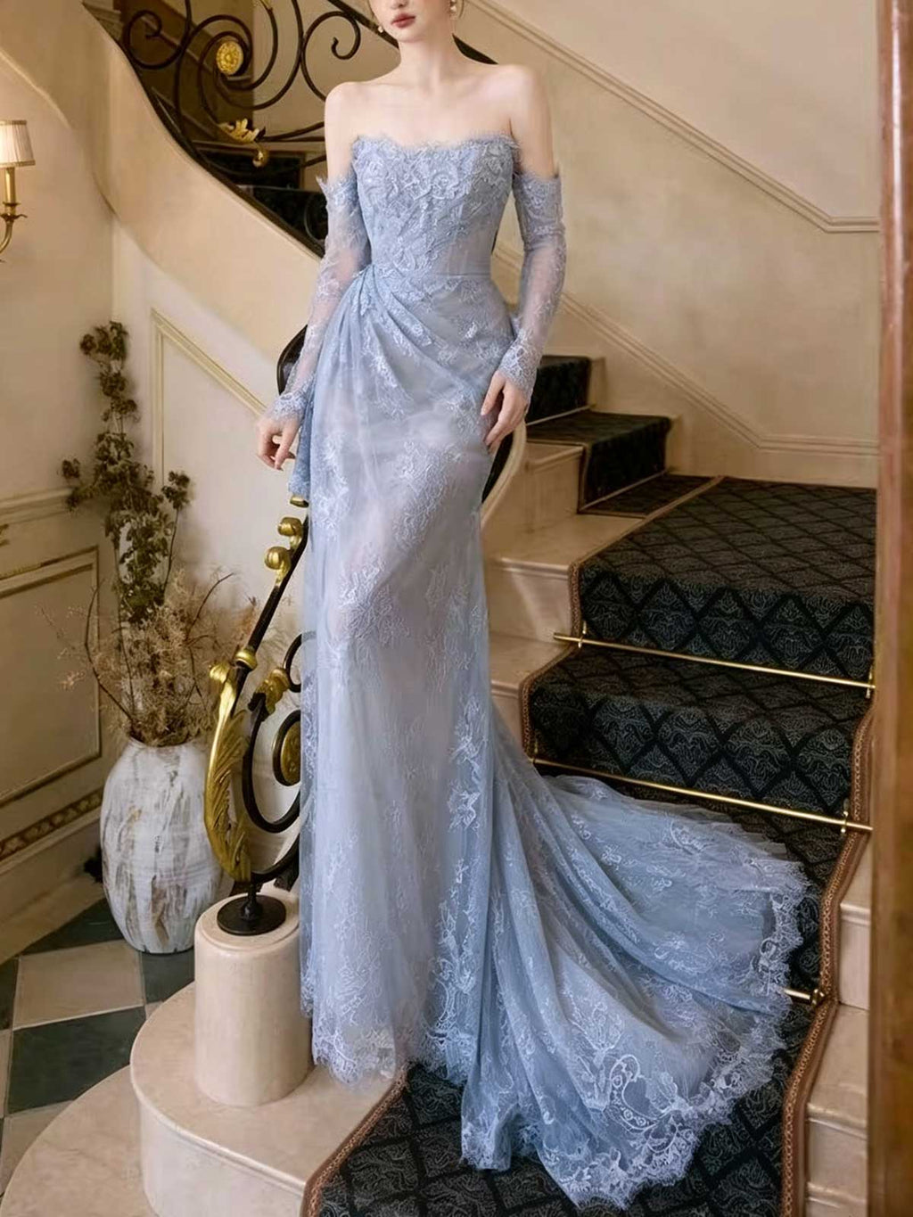 Dusty Blue Strapless Lace Mermaid Evening Gown with Detachable Sleeves