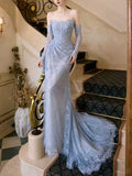 Dusty Blue Strapless Lace Mermaid Evening Gown with Detachable Sleeves