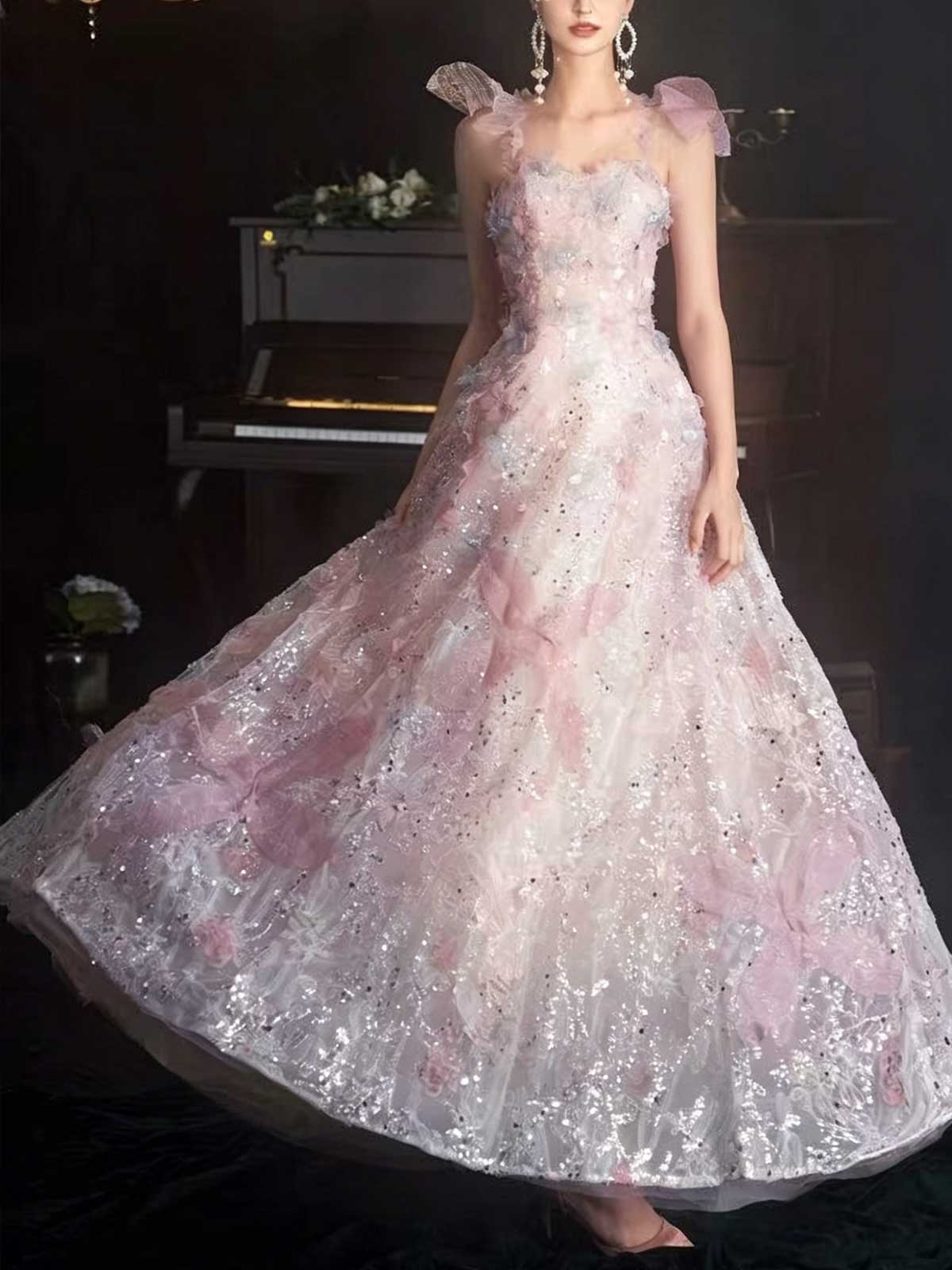 Blush Pink Spaghetti Strap Tulle Ball Gown with 3D Floral Appliqués