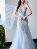 Ice Blue One-Shoulder Tulle Mermaid Evening Gown with Bow Appliqués