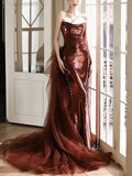 Burgundy Strapless Sequin Mermaid Evening Gown with Tulle Train
