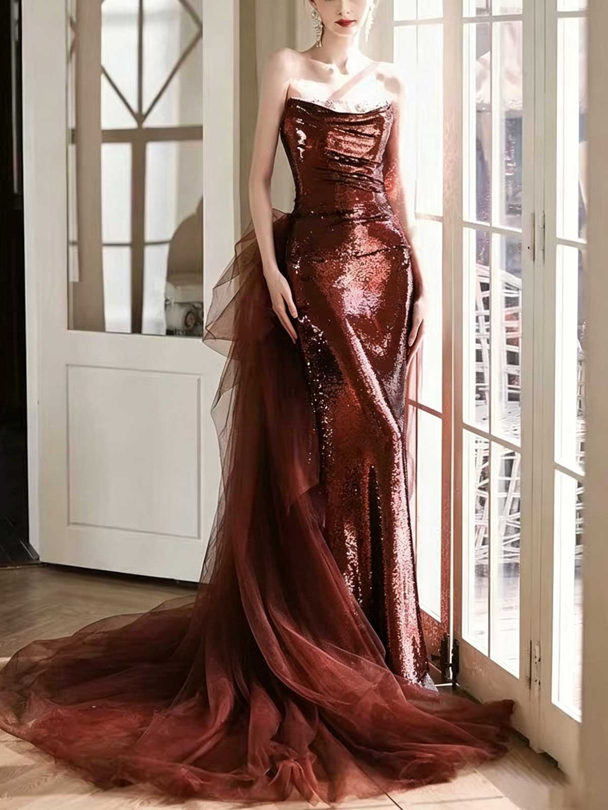 Burgundy Strapless Sequin Mermaid Evening Gown with Tulle Train