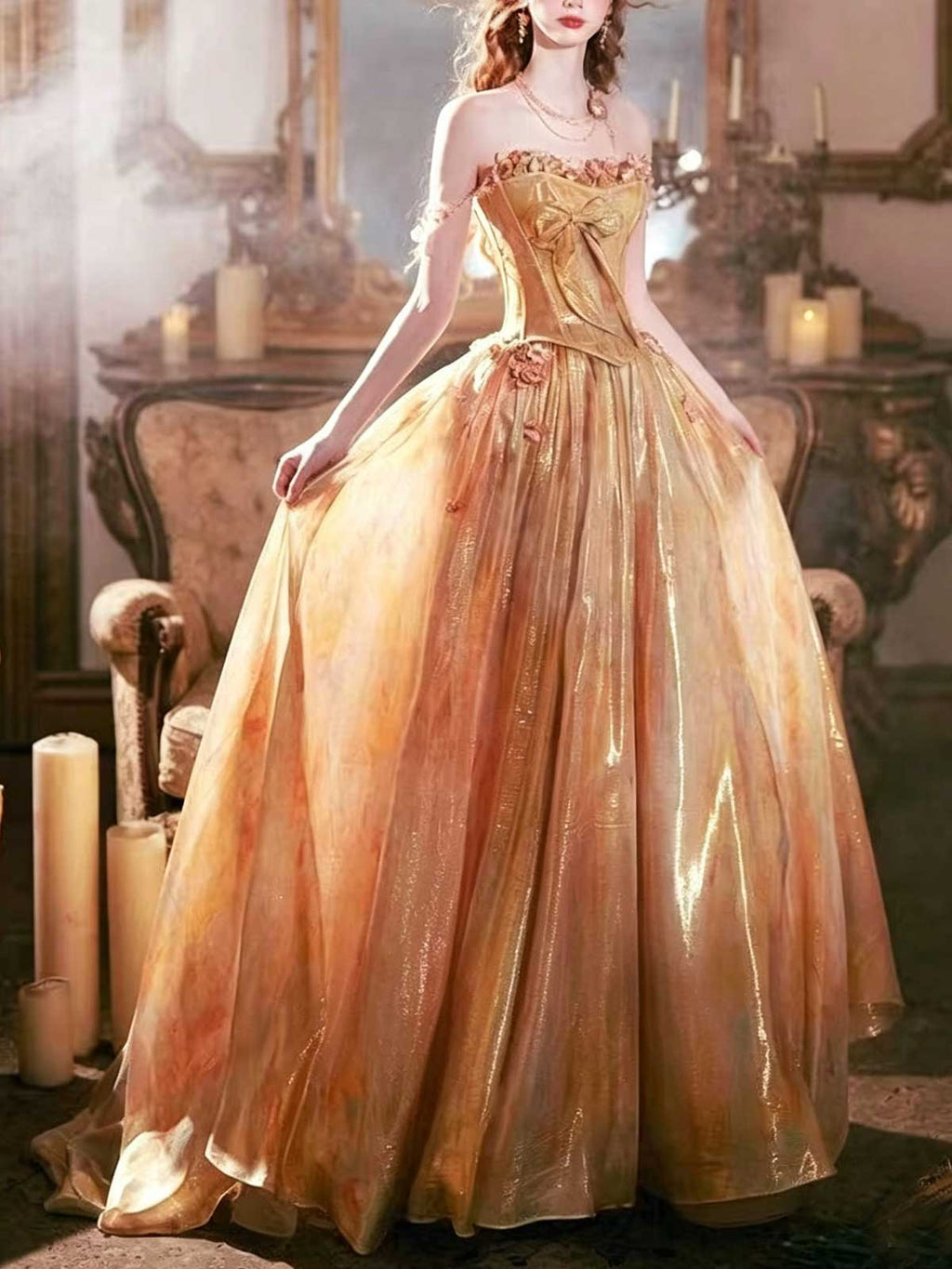 Gold Strapless Corset Ball Gown with Floral Appliqués