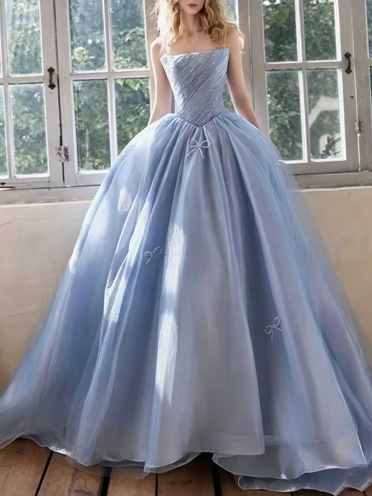 Ice Blue Strapless Tulle Ball Gown with Bow Appliqués