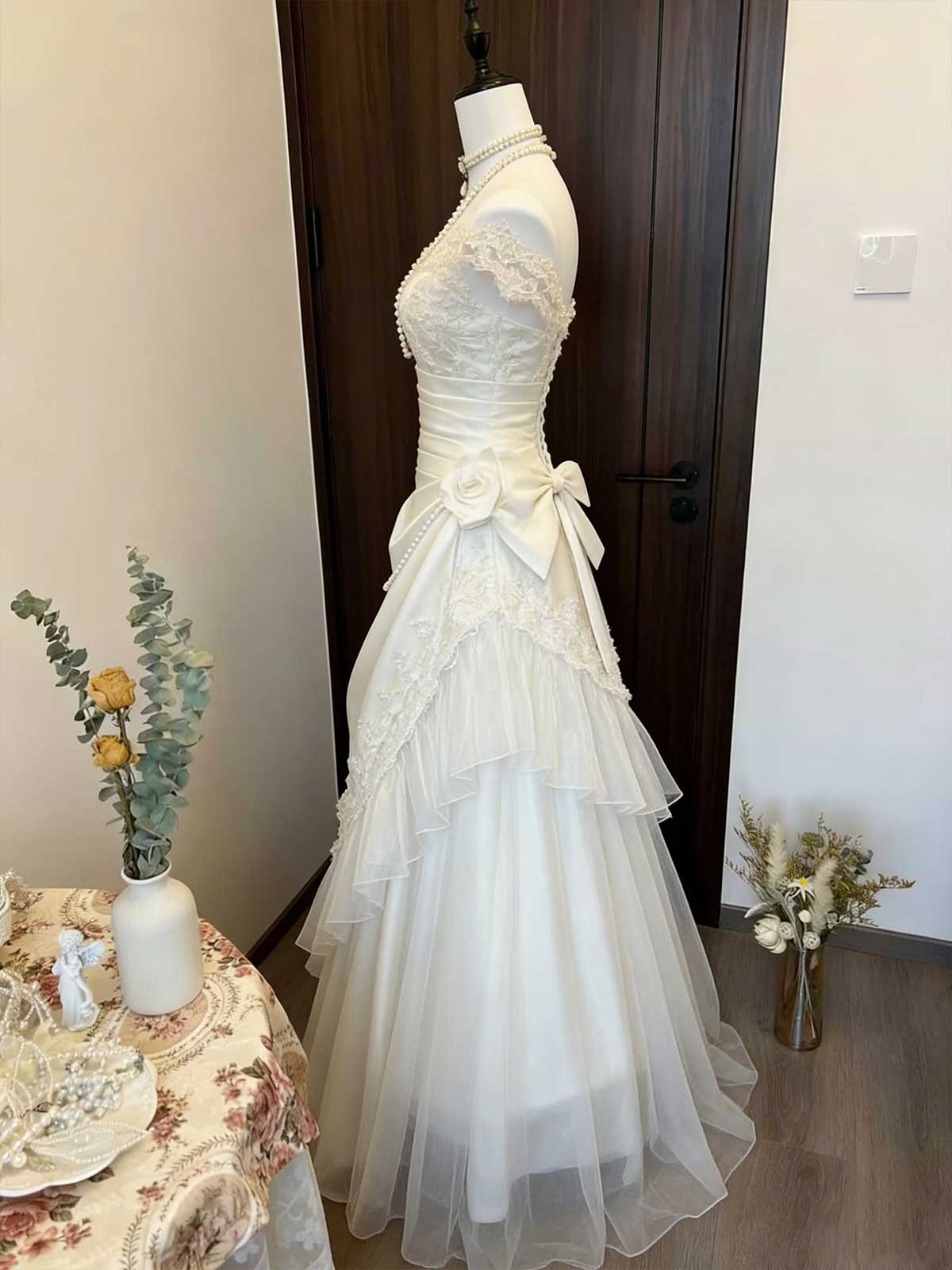 Vintage Victorian Ivory Satin Lace Wedding Dress with Pearls