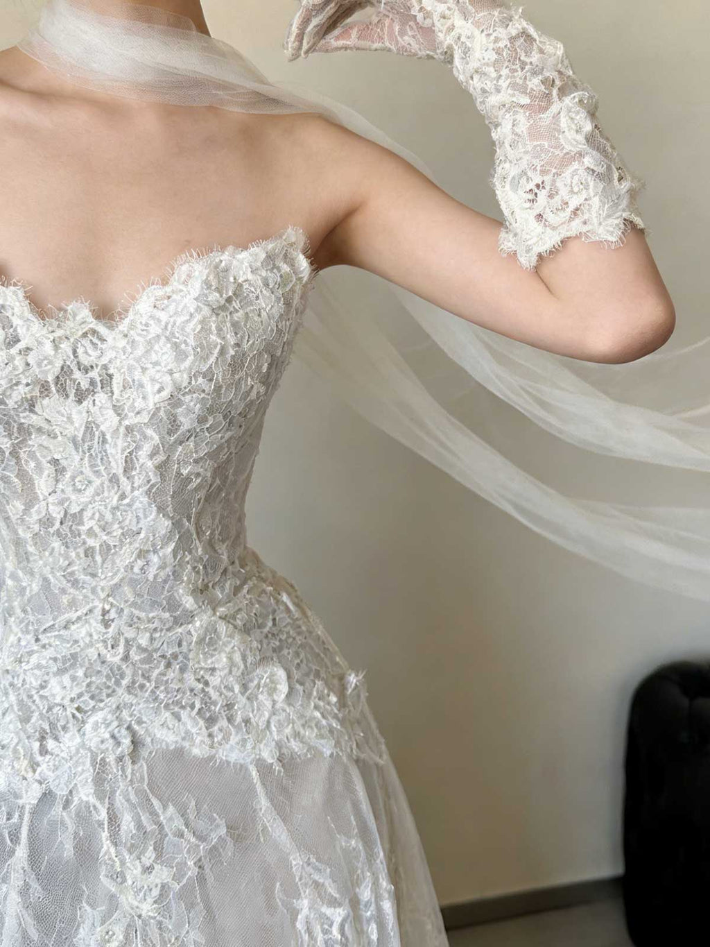 White Strapless Lace A-Line Gown with Scalloped Neckline & Chapel Train