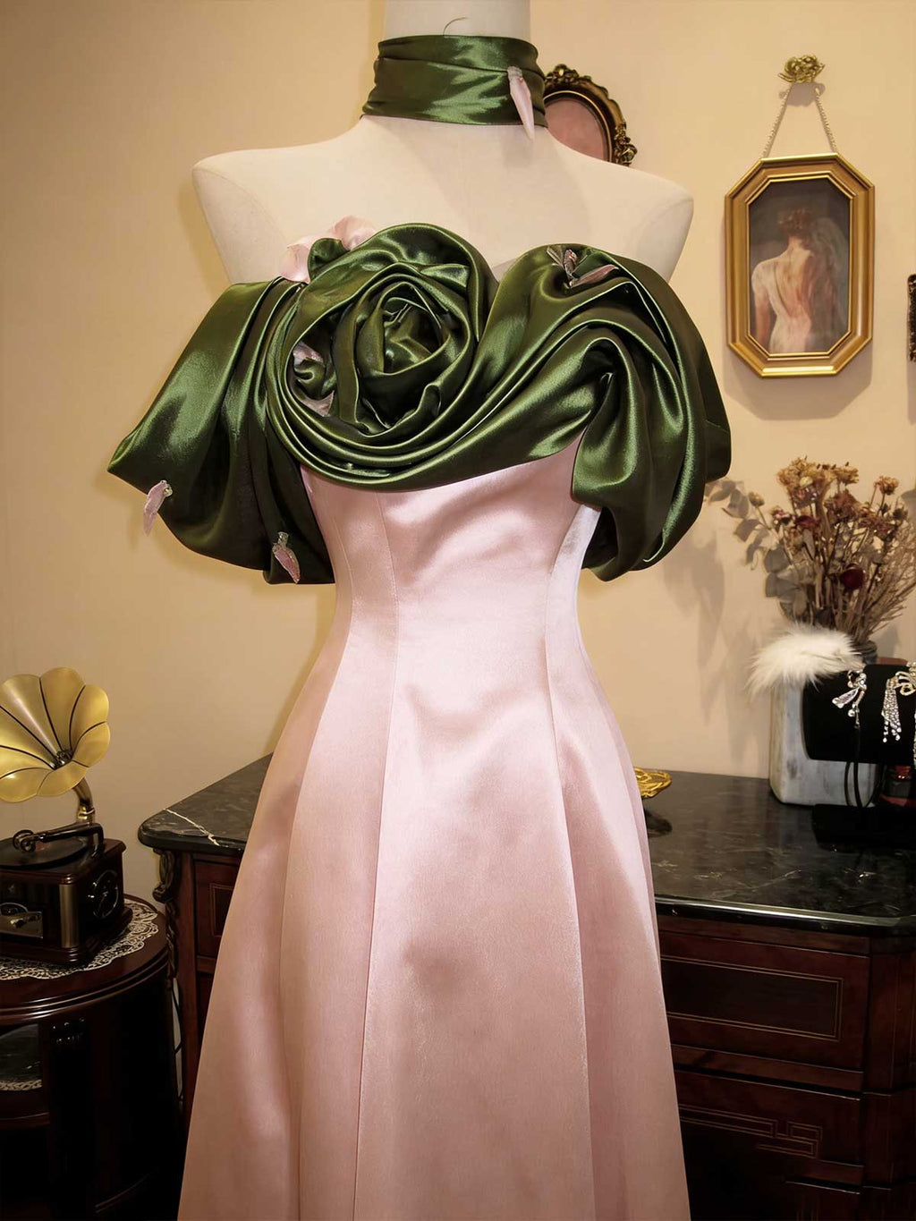Vintage Pink Satin Gown with Green Rose Off-Shoulder Detail