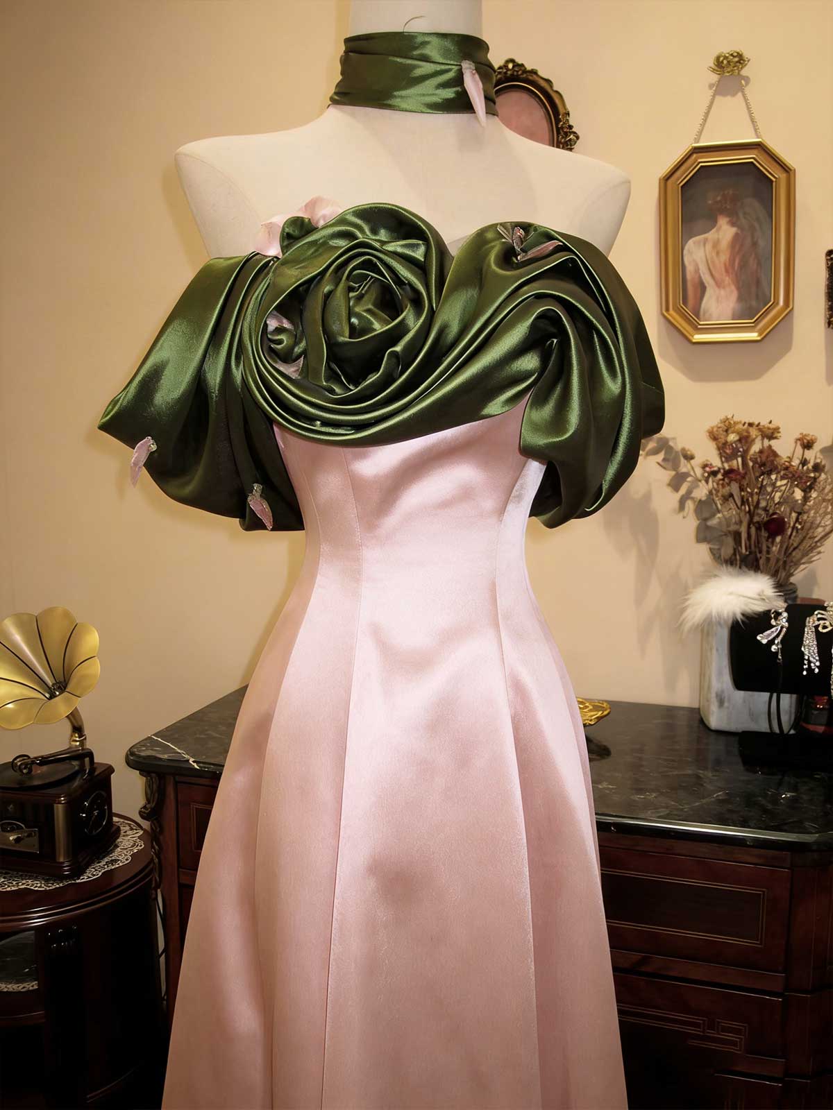 Vintage Pink Satin Gown with Green Rose Off-Shoulder Detail