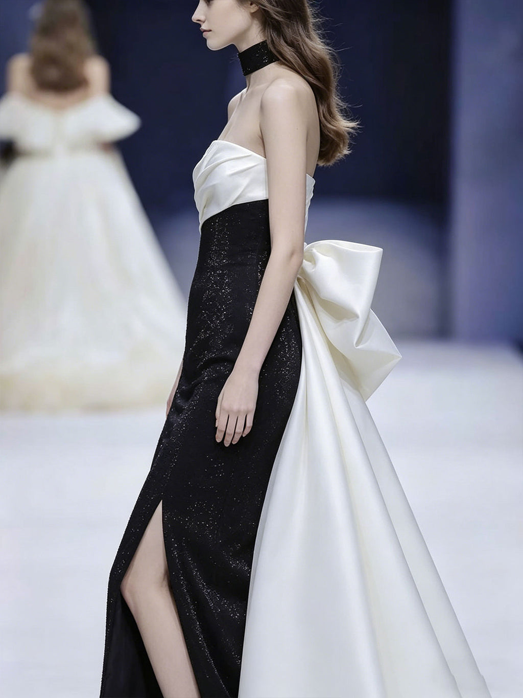 Black & White Strapless Color-Block Evening Gown with Oversized Bow Train