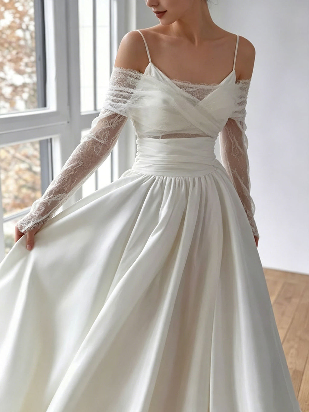 Spaghetti Strap Off Shoulder Mesh Satin A-Line Wedding Gown