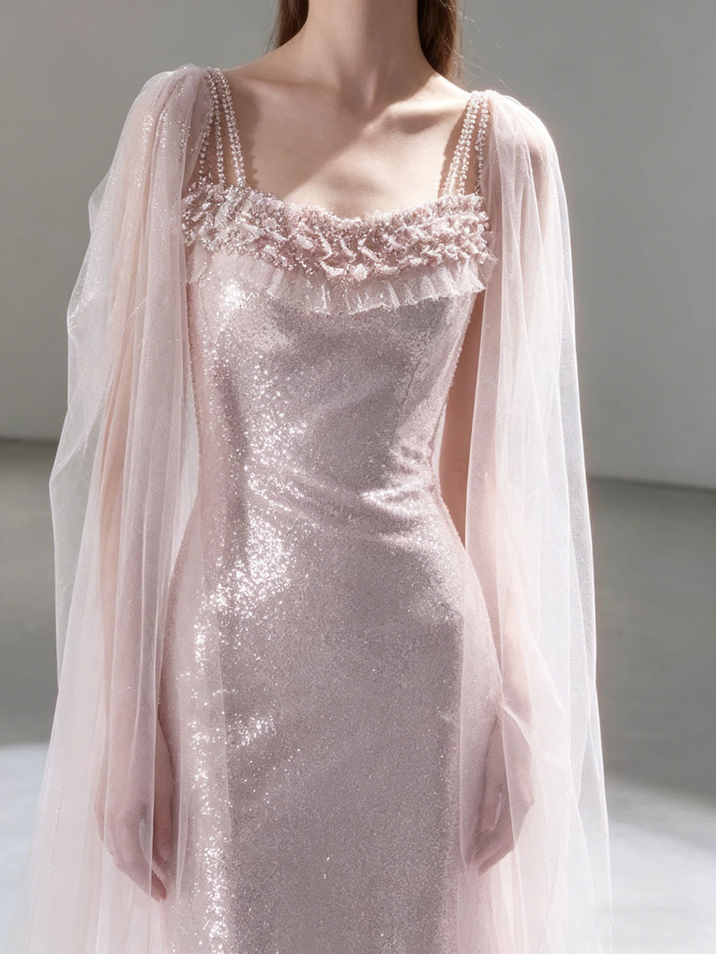 Blush Pink Square Neck Beaded Cape Sleeve Sequin Mermaid Evening Gown Wedding Dress