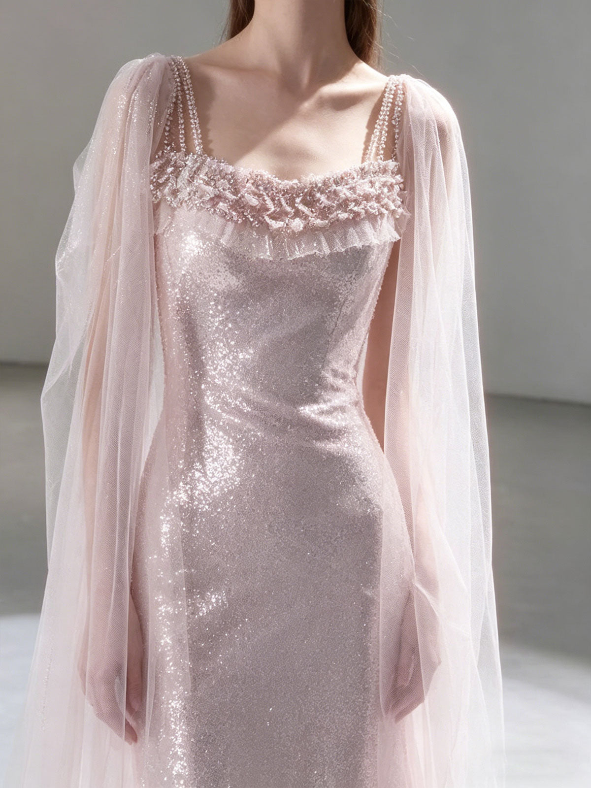Blush Pink Square Neck Beaded Cape Sleeve Sequin Mermaid Evening Gown Wedding Dress
