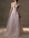 Ethereal Floral Lace Tulle Wedding Gown with Sheer Bodice