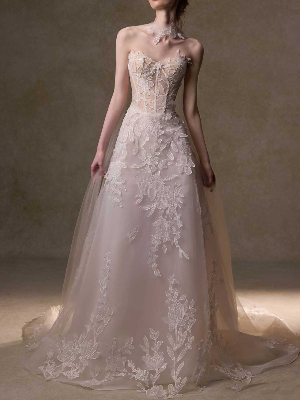Ethereal Floral Lace Tulle Wedding Gown with Sheer Bodice