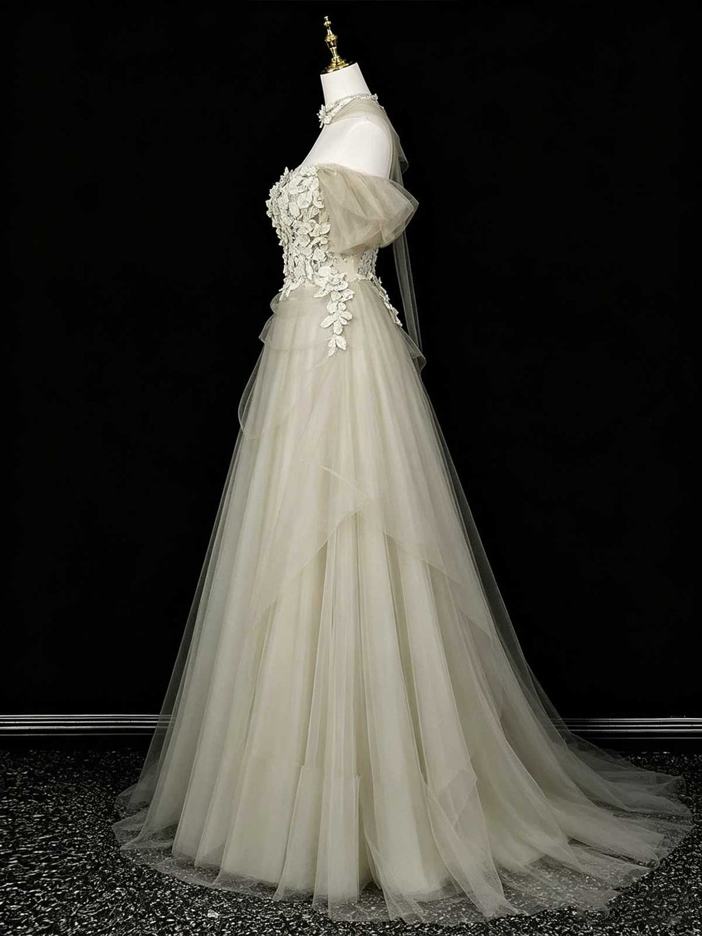 Ivory 3D Floral Off-the-Shoulder Tulle A-Line Wedding Dress with Neckpiece